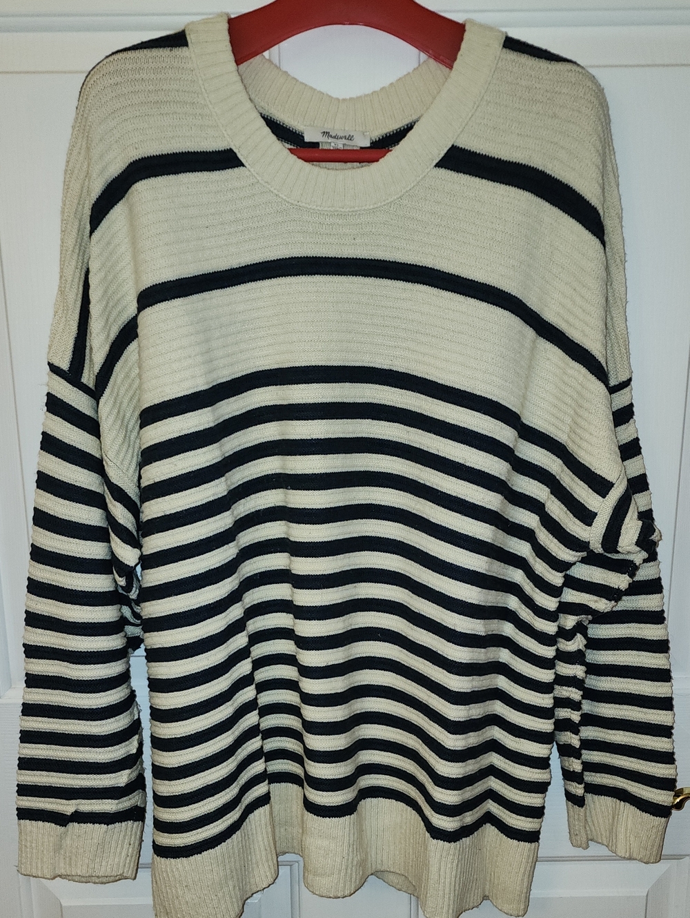 Madewell Women's Cream & Navy Striped Ribbed Crewneck Sweater
